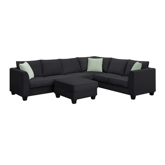 Modern Black L Shape Fabric Sectional Sofa with Ottoman and Pillows, 112*87 Inches, 7 Seats Default -DTYStore