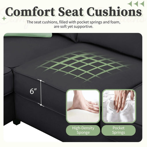 Modern Black L Shape Fabric Sectional Sofa with Ottoman and Pillows, 112*87 Inches, 7 Seats Default -DTYStore