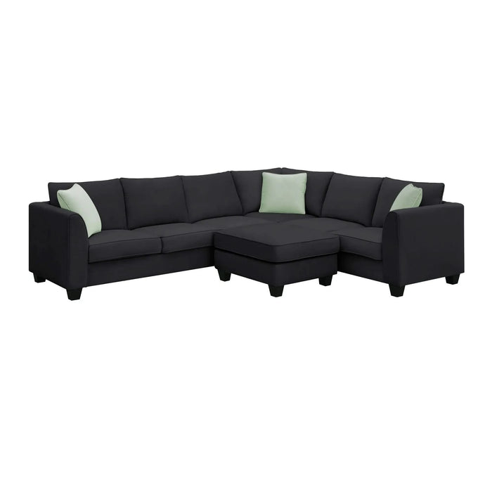 Modern Black L Shape Fabric Sectional Sofa with Ottoman and Pillows, 112*87 Inches, 7 Seats Default -DTYStore