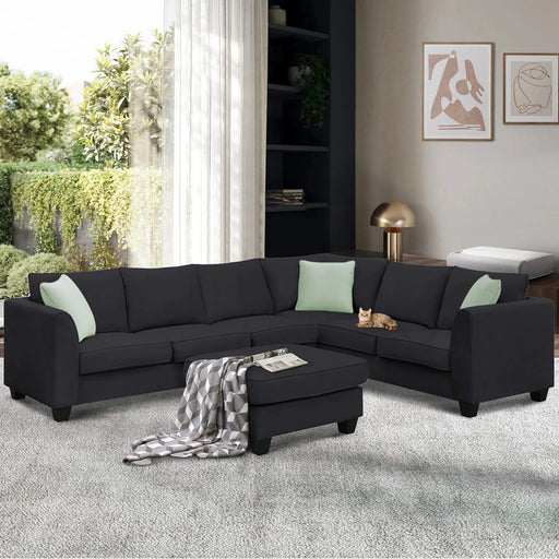 Modern Black L Shape Fabric Sectional Sofa with Ottoman and Pillows, 112*87 Inches, 7 Seats Default -DTYStore