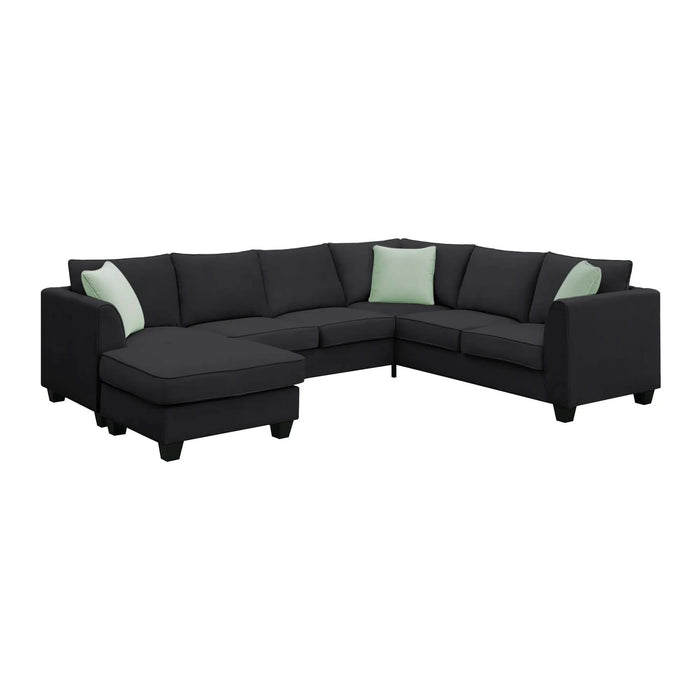 Modern Black L Shape Fabric Sectional Sofa with Ottoman and Pillows, 112*87 Inches, 7 Seats Default -DTYStore