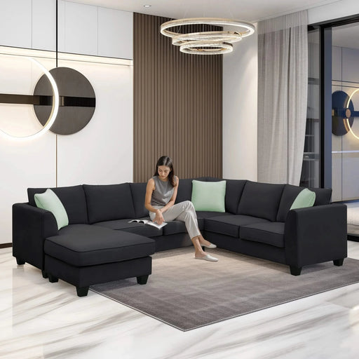 Modern Black L Shape Fabric Sectional Sofa with Ottoman and Pillows, 112*87 Inches, 7 Seats Default -DTYStore