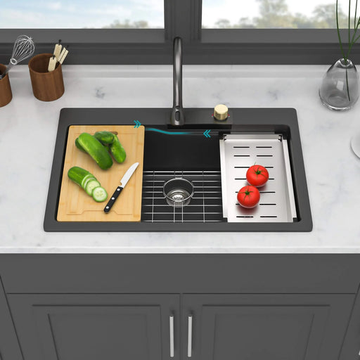 Modern Black Quartz Composite Waterfall Kitchen Sink with Pull-Out Faucet, 33x22 Inches Default -DTYStore