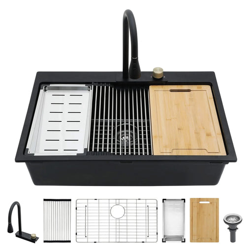 Modern Black Quartz Composite Waterfall Kitchen Sink with Pull-Out Faucet, 33x22 Inches Default -DTYStore