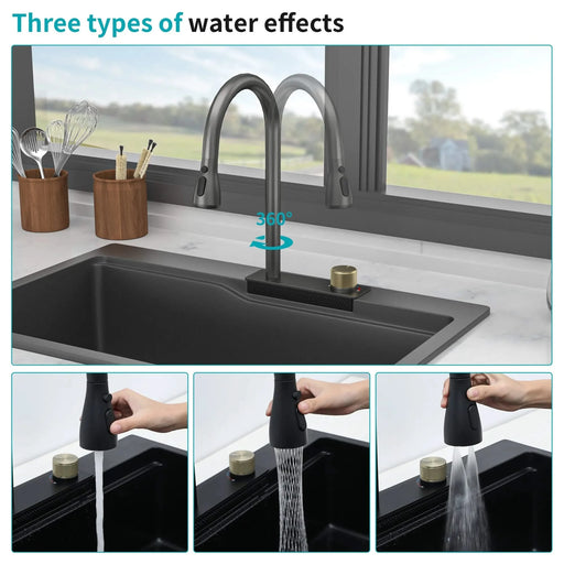 Modern Black Quartz Composite Waterfall Kitchen Sink with Pull-Out Faucet, 33x22 Inches Default -DTYStore
