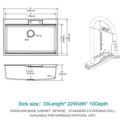 Modern Black Quartz Composite Waterfall Kitchen Sink with Pull-Out Faucet, 33x22 Inches Default -DTYStore