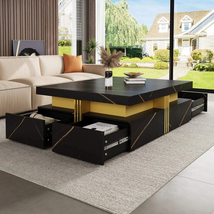 Modern Black Square Storage Coffee Table With 4 Drawers Default -DTYStore