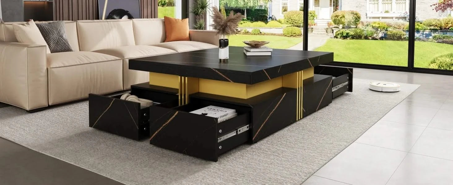Modern Black Square Storage Coffee Table With 4 Drawers Default -DTYStore