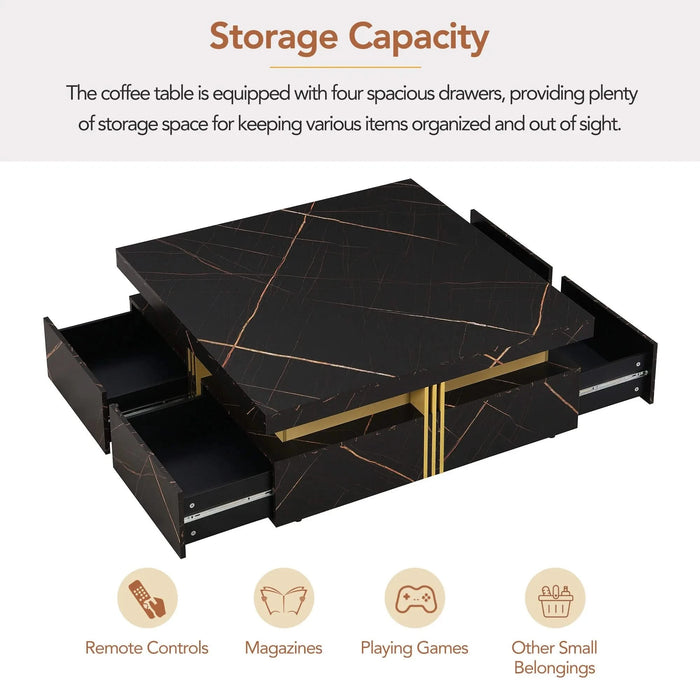 Modern Black Square Storage Coffee Table With 4 Drawers Default -DTYStore