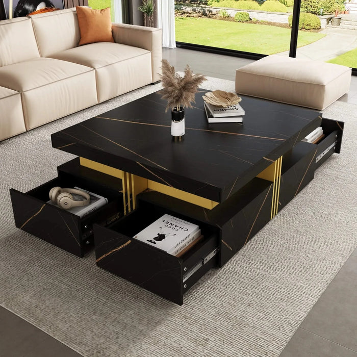 Modern Black Square Storage Coffee Table With 4 Drawers Default -DTYStore