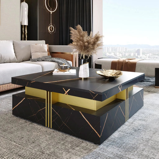 Modern Black Square Storage Coffee Table With 4 Drawers Default -DTYStore