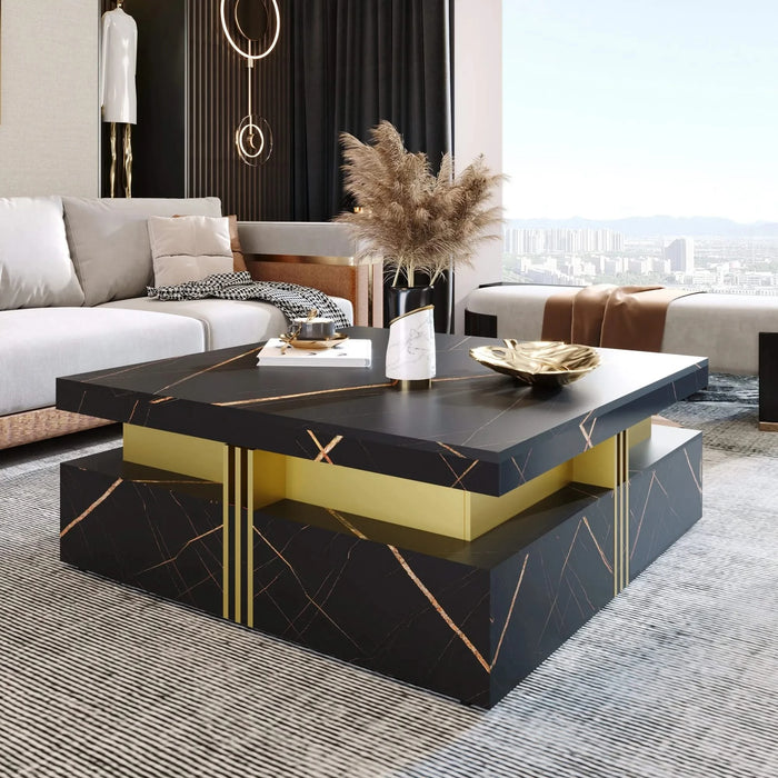 Modern Black Square Storage Coffee Table With 4 Drawers Default -DTYStore