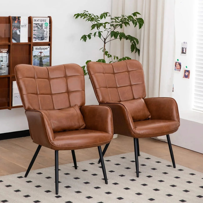 Modern Bonded Leather Armchair with High Back and Metal Legs, Brown, For Living Room, Bedroom, and Home Office Default -DTYStore