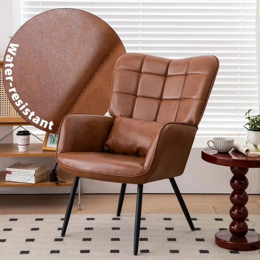 Modern Bonded Leather Armchair with High Back and Metal Legs, Brown, For Living Room, Bedroom, and Home Office Default -DTYStore