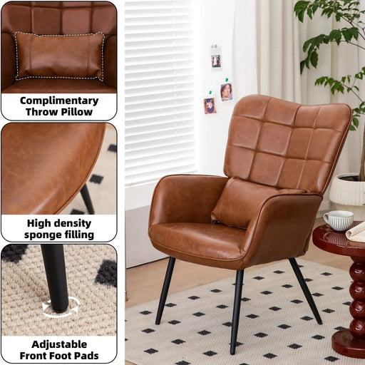 Modern Bonded Leather Armchair with High Back and Metal Legs, Brown, For Living Room, Bedroom, and Home Office Default -DTYStore