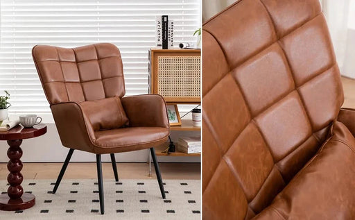 Modern Bonded Leather Armchair with High Back and Metal Legs, Brown, For Living Room, Bedroom, and Home Office Default -DTYStore