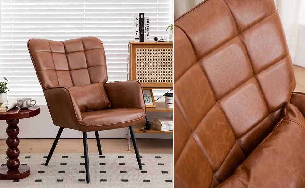 Modern Bonded Leather Armchair with High Back and Metal Legs, Brown, For Living Room, Bedroom, and Home Office Default -DTYStore