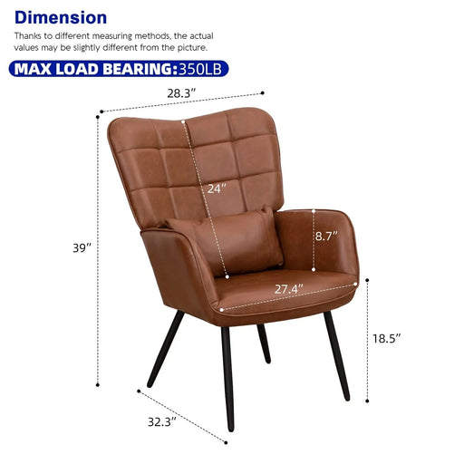 Modern Bonded Leather Armchair with High Back and Metal Legs, Brown, For Living Room, Bedroom, and Home Office Default -DTYStore