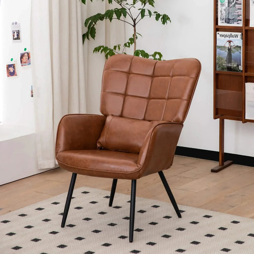 Modern Bonded Leather Armchair with High Back and Metal Legs, Brown, For Living Room, Bedroom, and Home Office Default -DTYStore