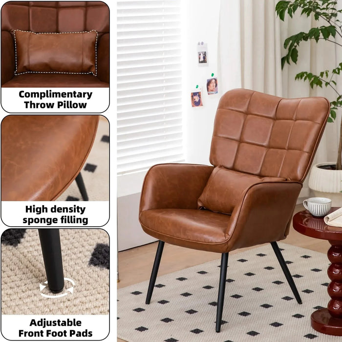 Modern Bonded Leather Armchair with High Back and Metal Legs, Brown, For Living Room, Bedroom, and Home Office Default -DTYStore