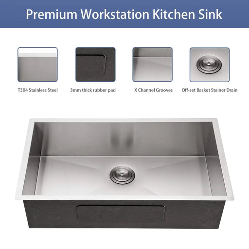 Modern Brushed Nickel 33 Inch Undermount Stainless Steel Kitchen Sink 16 Gauge, 9 Inch Deep Single Bowl Default -DTYStore