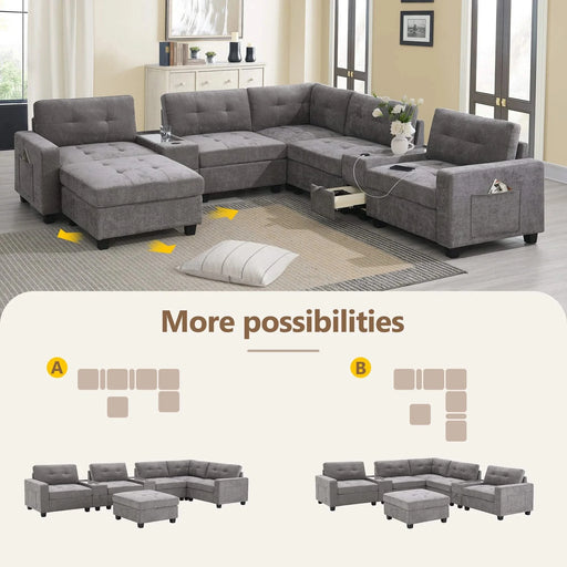 Modern Chenille U-Shaped Sectional Sofa with Acrylic Table Top, USB Charger, Storage Drawers, and Movable Ottoman in Gray Default -DTYStore