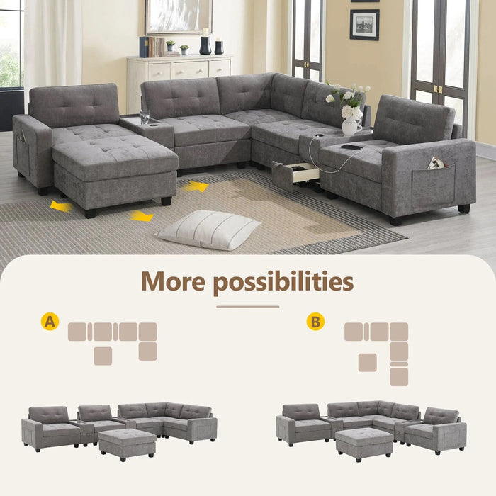 Modern Chenille U-Shaped Sectional Sofa with Acrylic Table Top, USB Charger, Storage Drawers, and Movable Ottoman in Gray Default -DTYStore