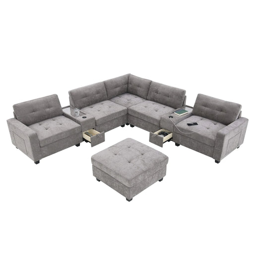 Modern Chenille U-Shaped Sectional Sofa with Acrylic Table Top, USB Charger, Storage Drawers, and Movable Ottoman in Gray Default -DTYStore