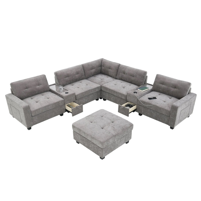 Modern Chenille U-Shaped Sectional Sofa with Acrylic Table Top, USB Charger, Storage Drawers, and Movable Ottoman in Gray Default -DTYStore