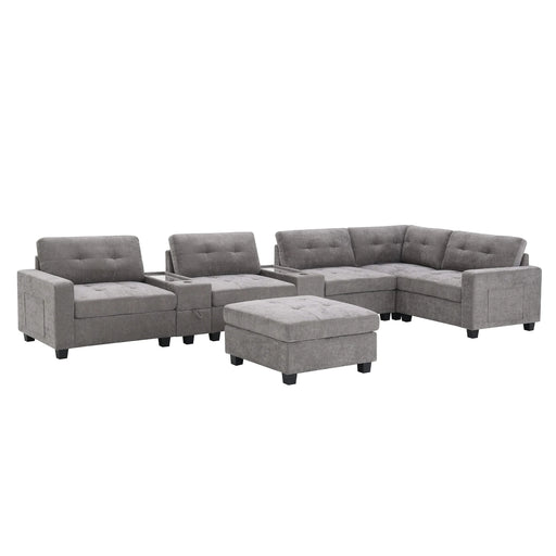 Modern Chenille U-Shaped Sectional Sofa with Acrylic Table Top, USB Charger, Storage Drawers, and Movable Ottoman in Gray Default -DTYStore
