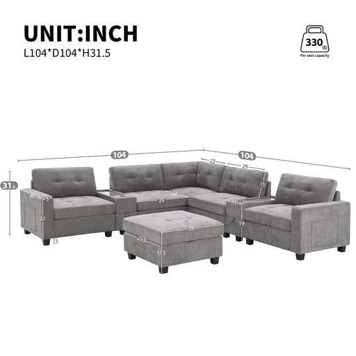 Modern Chenille U-Shaped Sectional Sofa with Acrylic Table Top, USB Charger, Storage Drawers, and Movable Ottoman in Gray Default -DTYStore