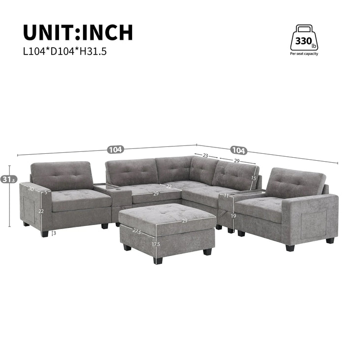 Modern Chenille U-Shaped Sectional Sofa with Acrylic Table Top, USB Charger, Storage Drawers, and Movable Ottoman in Gray Default -DTYStore