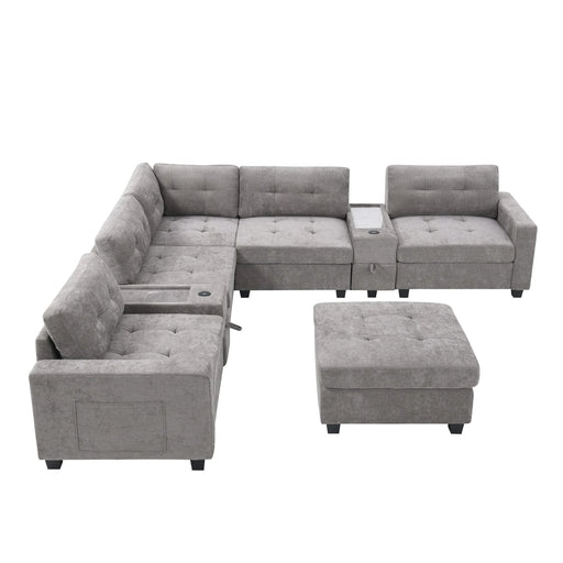 Modern Chenille U-Shaped Sectional Sofa with Acrylic Table Top, USB Charger, Storage Drawers, and Movable Ottoman in Gray Default -DTYStore