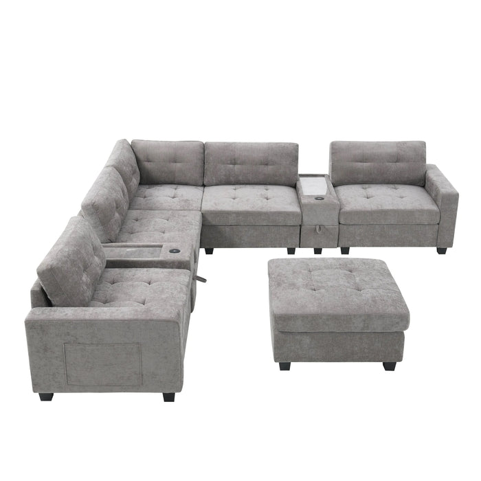 Modern Chenille U-Shaped Sectional Sofa with Acrylic Table Top, USB Charger, Storage Drawers, and Movable Ottoman in Gray Default -DTYStore