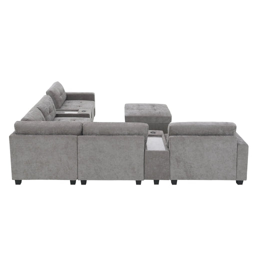 Modern Chenille U-Shaped Sectional Sofa with Acrylic Table Top, USB Charger, Storage Drawers, and Movable Ottoman in Gray Default -DTYStore