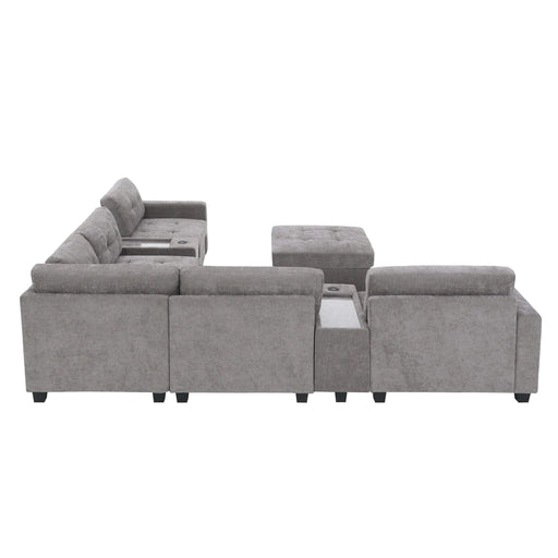 Modern Chenille U-Shaped Sectional Sofa with Acrylic Table Top, USB Charger, Storage Drawers, and Movable Ottoman in Gray Default -DTYStore