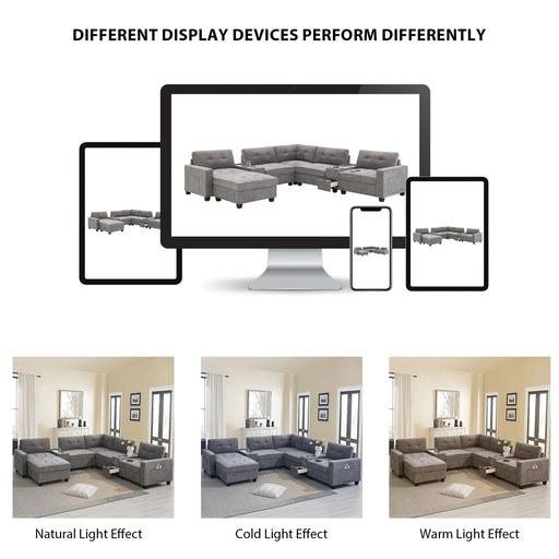 Modern Chenille U-Shaped Sectional Sofa with Acrylic Table Top, USB Charger, Storage Drawers, and Movable Ottoman in Gray Default -DTYStore