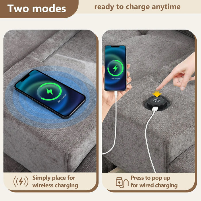 Modern Chenille U-Shaped Sectional Sofa with Acrylic Table Top, USB Charger, Storage Drawers, and Movable Ottoman in Gray Default -DTYStore