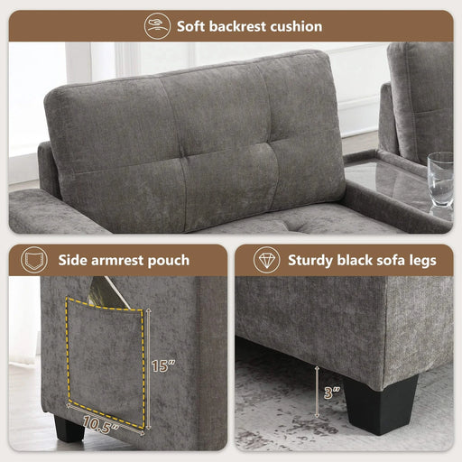 Modern Chenille U-Shaped Sectional Sofa with Acrylic Table Top, USB Charger, Storage Drawers, and Movable Ottoman in Gray Default -DTYStore