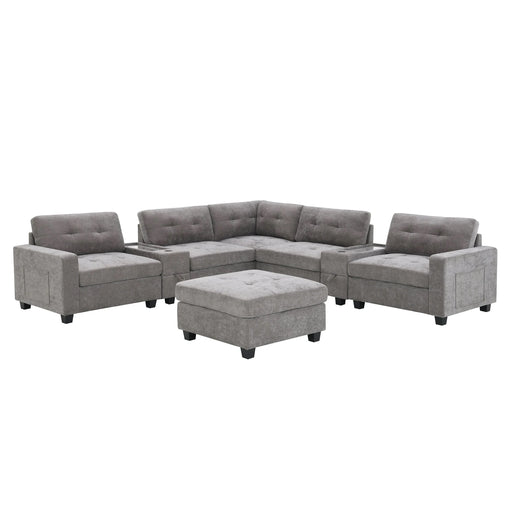 Modern Chenille U-Shaped Sectional Sofa with Acrylic Table Top, USB Charger, Storage Drawers, and Movable Ottoman in Gray Default -DTYStore