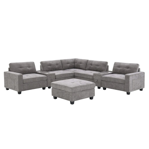 Modern Chenille U-Shaped Sectional Sofa with Acrylic Table Top, USB Charger, Storage Drawers, and Movable Ottoman in Gray Default -DTYStore
