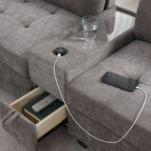 Modern Chenille U-Shaped Sectional Sofa with Acrylic Table Top, USB Charger, Storage Drawers, and Movable Ottoman in Gray Default -DTYStore