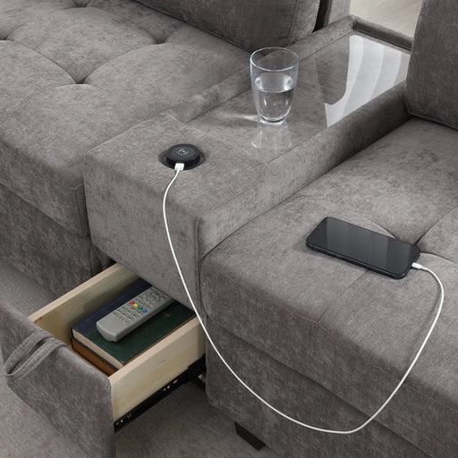 Modern Chenille U-Shaped Sectional Sofa with Acrylic Table Top, USB Charger, Storage Drawers, and Movable Ottoman in Gray Default -DTYStore