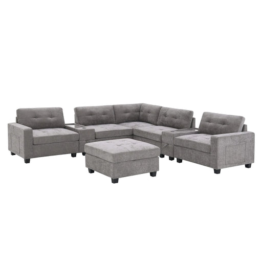 Modern Chenille U-Shaped Sectional Sofa with Acrylic Table Top, USB Charger, Storage Drawers, and Movable Ottoman in Gray Default -DTYStore