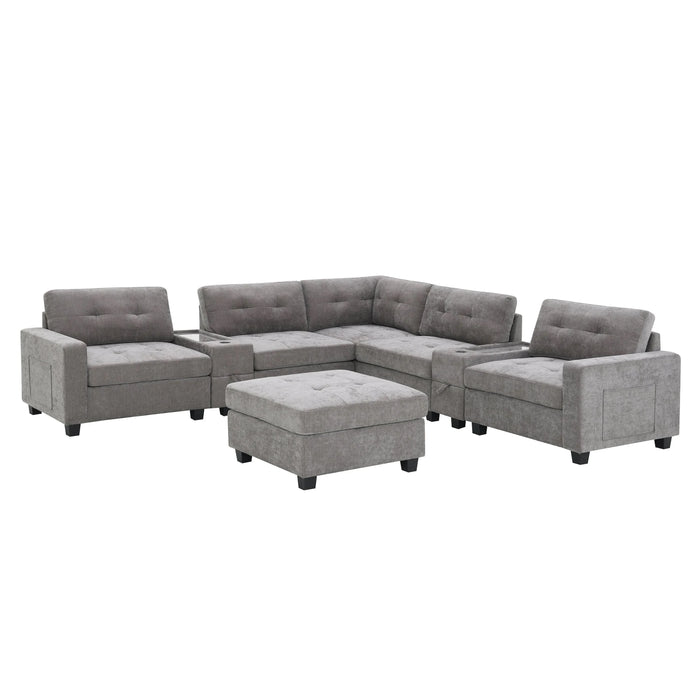 Modern Chenille U-Shaped Sectional Sofa with Acrylic Table Top, USB Charger, Storage Drawers, and Movable Ottoman in Gray Default -DTYStore