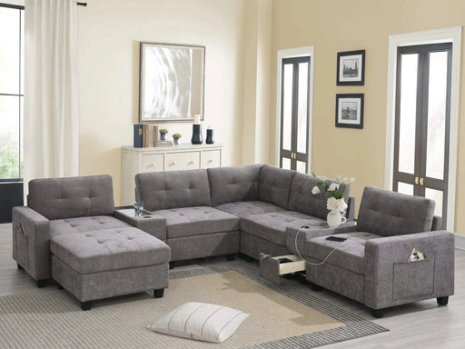 Modern Chenille U-Shaped Sectional Sofa with Acrylic Table Top, USB Charger, Storage Drawers, and Movable Ottoman in Gray Default -DTYStore