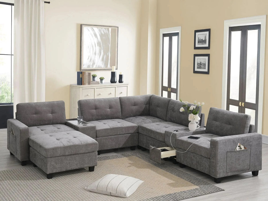 Modern Chenille U-Shaped Sectional Sofa with Acrylic Table Top, USB Charger, Storage Drawers, and Movable Ottoman in Gray Default -DTYStore
