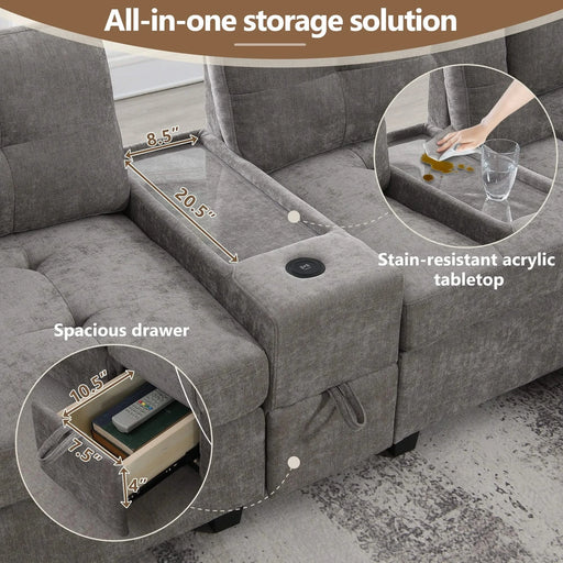 Modern Chenille U-Shaped Sectional Sofa with Acrylic Table Top, USB Charger, Storage Drawers, and Movable Ottoman in Gray Default -DTYStore