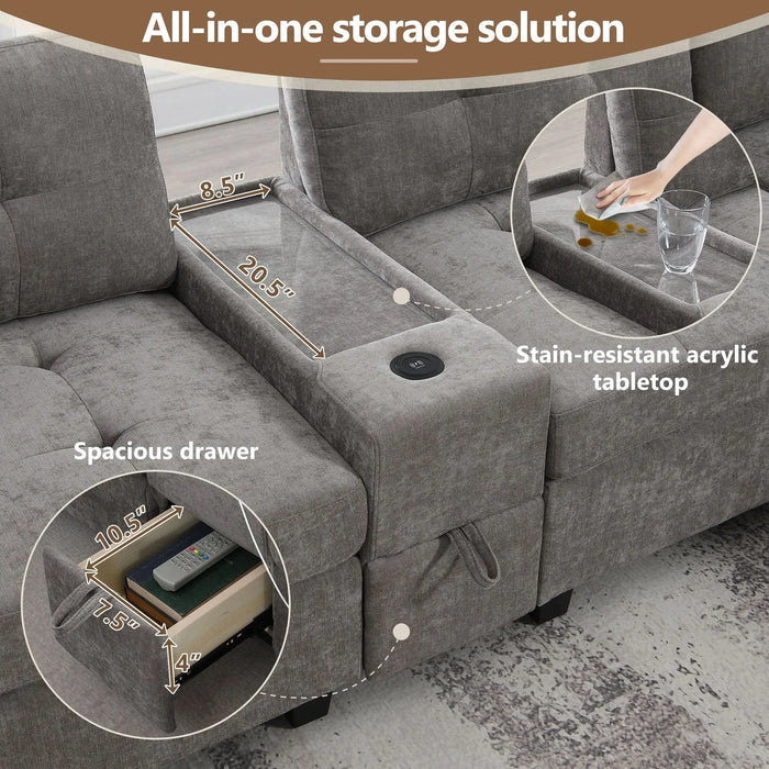 Modern Chenille U-Shaped Sectional Sofa with Acrylic Table Top, USB Charger, Storage Drawers, and Movable Ottoman in Gray Default -DTYStore