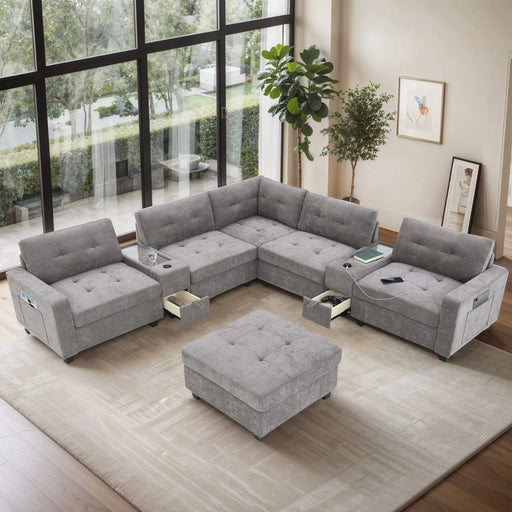 Modern Chenille U-Shaped Sectional Sofa with Acrylic Table Top, USB Charger, Storage Drawers, and Movable Ottoman in Gray Default -DTYStore
